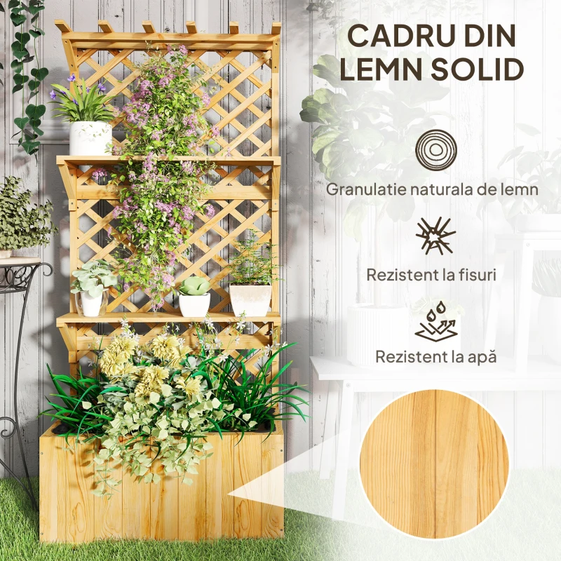 Outsunny Jardinieră cu Spalier pentru Plante Cățărătoare, Orificii de Drenaj și 2 Rafturi, din Lemn de Molid, 76x33x177 cm