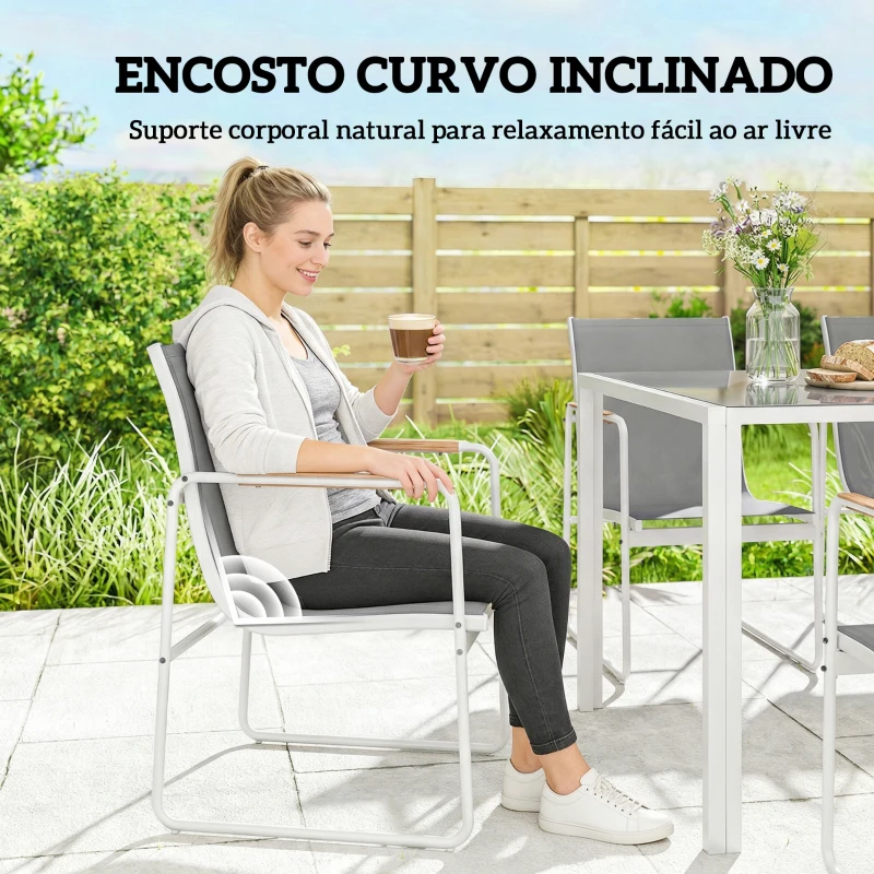 Outsunny Conjunto de Mesa e Cadeiras de Jardim de 7 Peças com Mesa de Vidro Temperado 6 Cadeiras e Estrutura em Aço Branco e Cinza