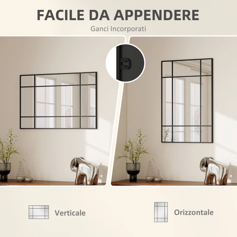 HOMCOM Specchio da Parete Stile Finestra con Montaggio Verticale e Orizzontale, 90x60 cm, Nero