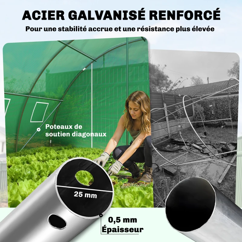 Outsunny Serre Tunnel de Jardin Serre Maraîchère Acier Galvanisé Ø25mm et Structure Renforcée 395x595x199cm Vert