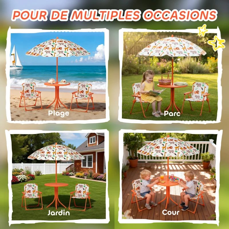 AIYAPLAY Salon de jardin enfant, table enfant avec 2 chaises pliantes et parasol Ø 100 cm, motif animal, orange