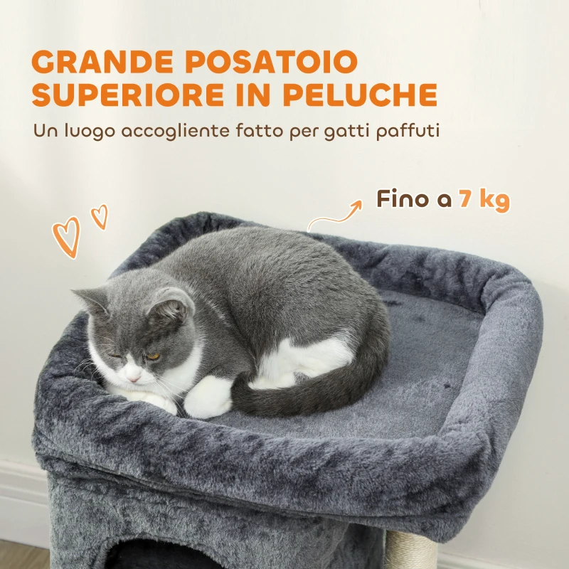 PawHut Arranhador para Gatos com Cama 2 Cavernas Poste de Sisal e Bola para Brincar 45x40x66 cm Cinzento Escuro