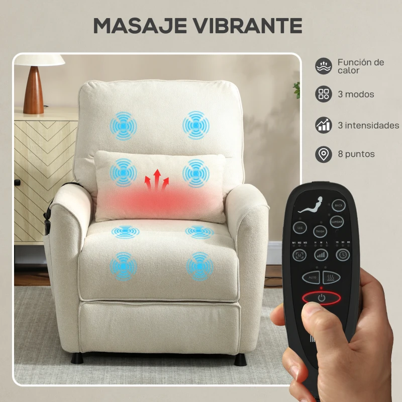 HOMCOM Sillón Relax Reclinable Eléctrico con Calor Lumbar Masaje Vibración Motor Silencioso Función de Memoria Crema