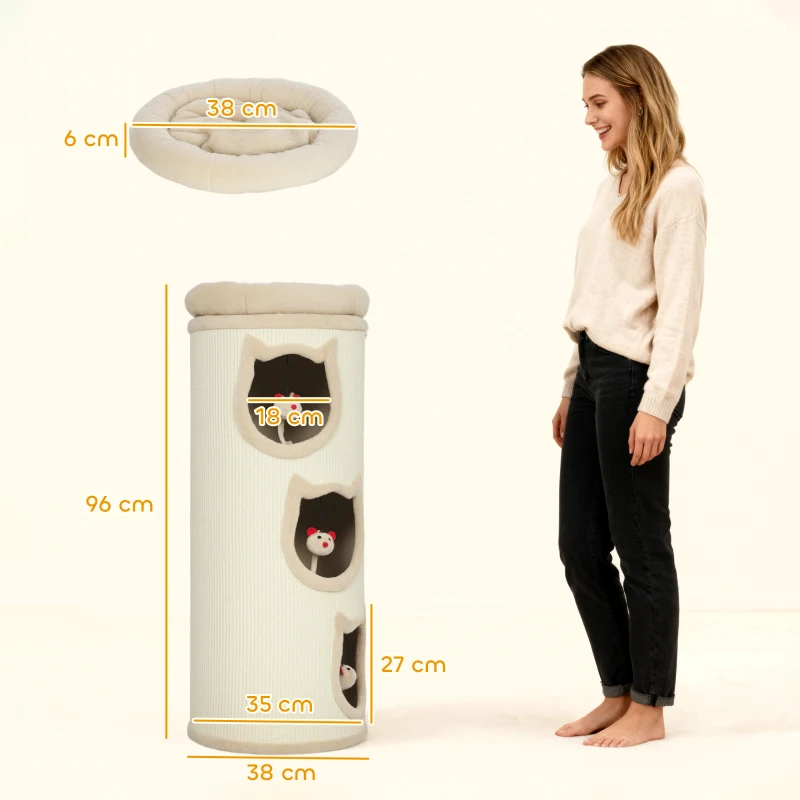 PawHut Turn pentru Pisici, Înălțime 96 cm, cu 3 Căsuțe și Pat Superior Detasabil și Lavabil, Crem