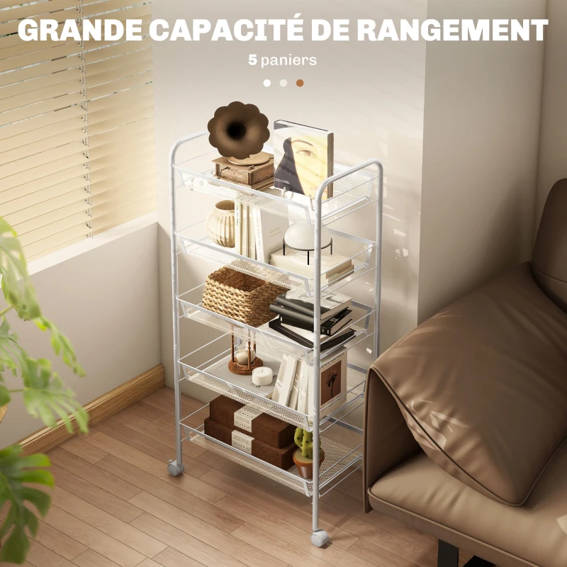 HOMCOM Chariot de rangement à 5 niveaux, desserte à roulettes avec paniers amovibles et 4 crochets, 45x26.5x106cm, blanc