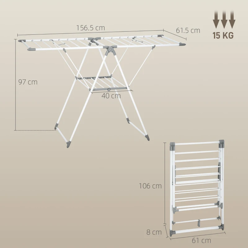 HOMCOM Uscător de Rufe cu 2 Niveluri Reglabil pe 4 Înălțimi, Uscător cu Picioare Antiderapante din Metal și Plastic, 156,5x61,5x97 cm, Alb
