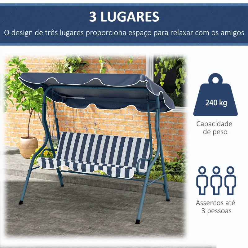 Outsunny Baloiço de Jardim de 2-3 Lugares com Almofada Toldo Ajustável Terraço Patio Capacidade 240kg 170x110x153cm Azul e Branco