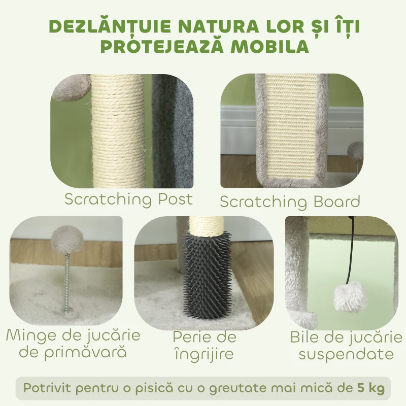 PawHut Copac pentru Pisici Multinivel, Înălțime 104 cm, cu Căsuță, Pat, Stâlpi de Scratching, Perie și Minge, Gri