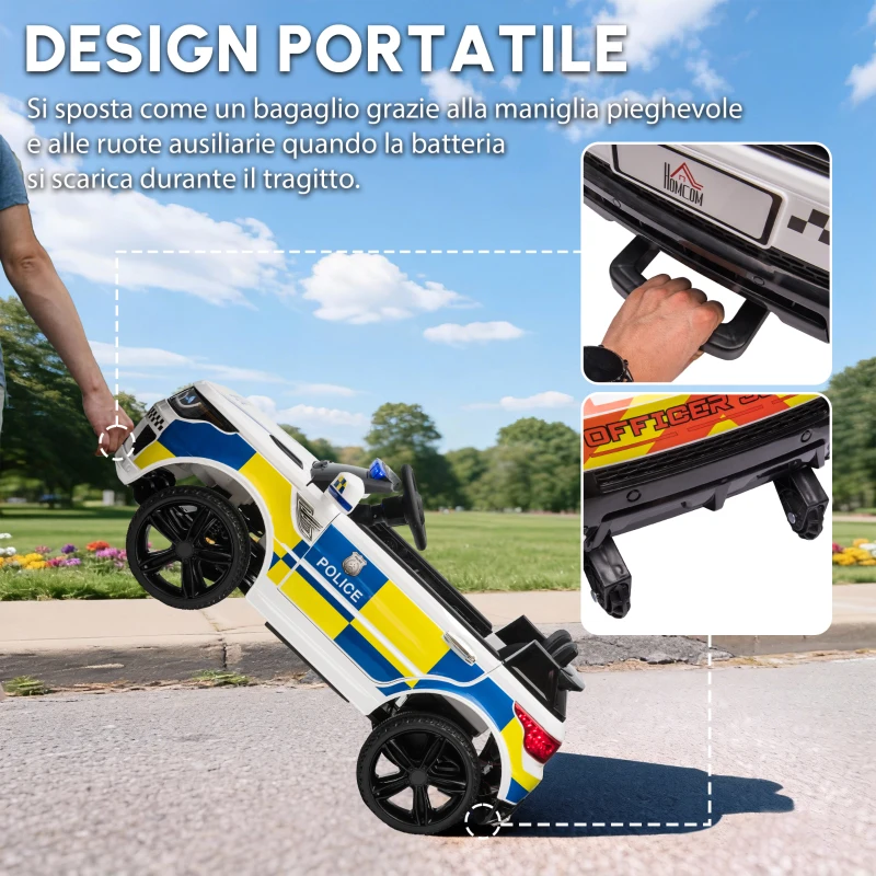 HOMCOM Macchina Elettrica per Bambini della Polizia, 12V Auto Elettrica per Bambini con Telecomando, Sirena Luci Attacco USB per Musica, 110x68x52 cm, Bianco