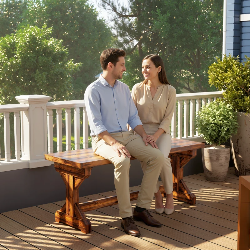 Outsunny Banco de Jardim em Madeira Banco Rústico Exterior de 2 Lugares com Base em Forma de X Suporta 240kg 114x40x46cm Carbonizado