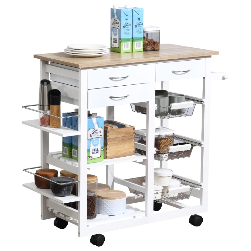 HOMCOM Carrito de Cocina Carro de Servicio Multifuncional con Cajones Cestas Estantes para Especias Toallero Ruedas 92x37x82 cm Blanco