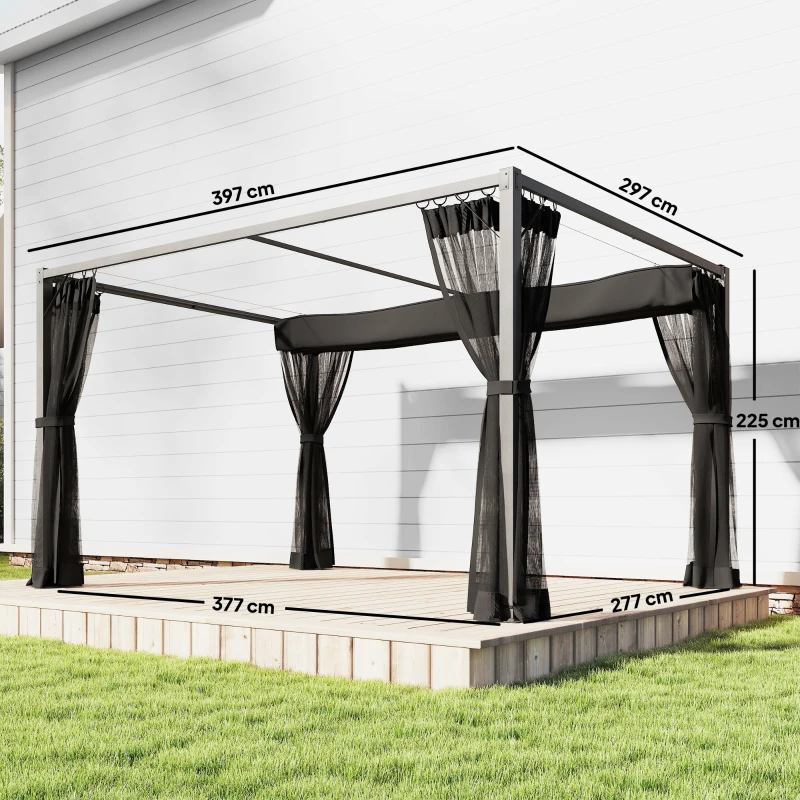 Outsunny Pérgola de Jardim 3x4 m com Teto Retrátil e 4 Laterais em Rede UPF30+ Pérgola para Exterior Terraço Cinza