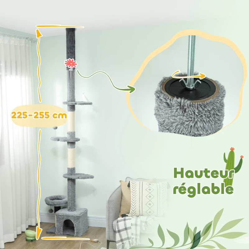 PawHut Arbre à chat du sol au plafond, tour à chat réglable en hauteur 225-255 cm à plusieurs niveaux, revêtement peluche, gris