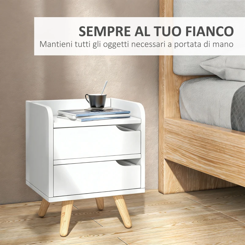 HOMCOM Comodino da Camera da Letto Salvaspazio, Moderno Comodino con 2 Cassetti, Design Semplice, Legno Bianco, Piedini in Legno di Pino, 33 x 28 x 42cm, Bianco