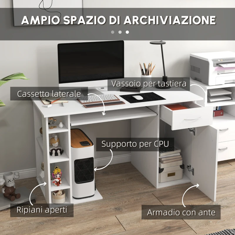 HOMCOM Scrivania per PC Ergonomica con Mensole, Armadietto, Cassetto e Piano Tastiera Estraibile, 120x60x74 cm, Bianca