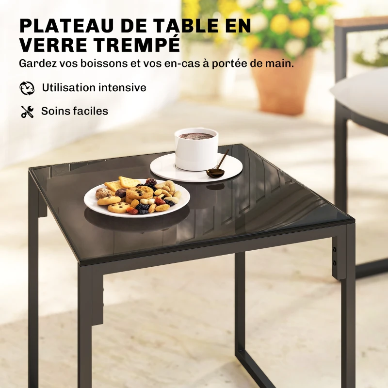 Outsunny Salon de jardin 3 pièces 2 places avec 2 fauteuils 1 table basse, plateau en verre trempé et coussins, gris