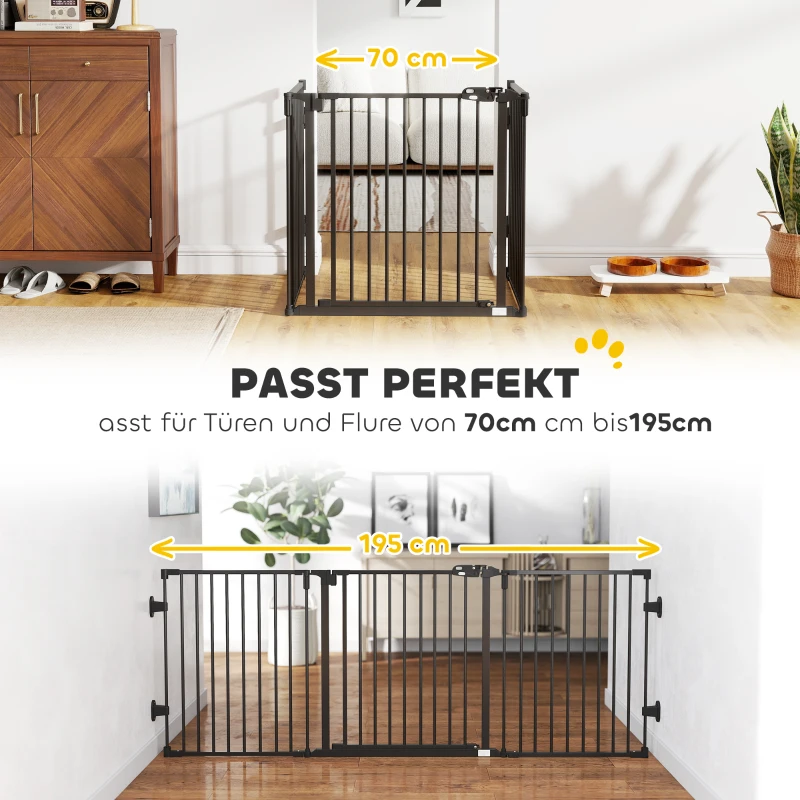 PawHut Absperrgitter Hund Freistehendes Verstellbares Schutzgitter 202,5 x 76 cm Hundegitter Klappbar Türschutzgitter Hundeabsperrgitter für Treppen, Türen, Küche, Flur, 3 Paneelen, Schwarz
