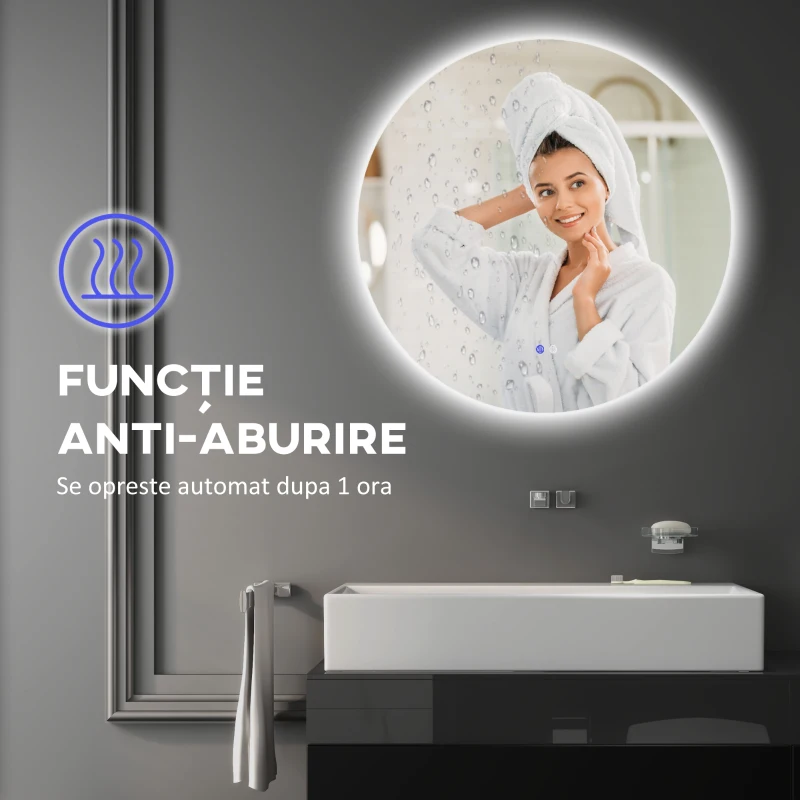 kleankin Oglindă de Baie cu Lumină LED Rotundă 80cm, 3 Culori, 3000-6500K, Oglindă de Perete Iluminată cu Interruptoare Touch, Luminozitate Reglabilă, Funcție Memorie și Anti-Ceață, IP44