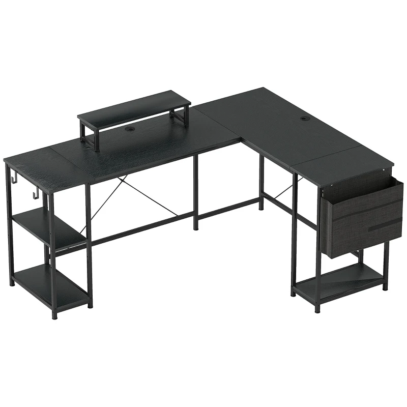 HOMCOM Bureau d'angle modulable réversible 168-240 cm style industriel - étagère réglable, sac de rangement, support d'écran