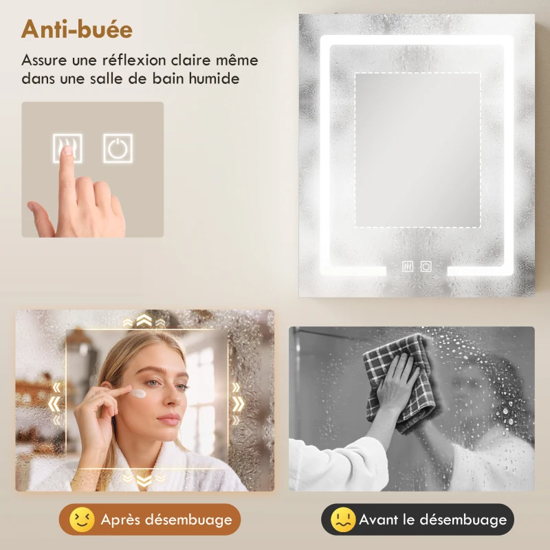 HOMCOM Armoire murale salle de bain avec miroir et éclairage LED, anti-buée, étagères réglables, 50 x 15 x 60 cm, blanc