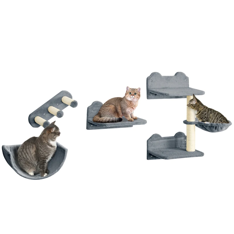 PawHut 4PCs Wall-Mounted Cat Shelves w/ Scratching Post, Hammock, Nest - Grey