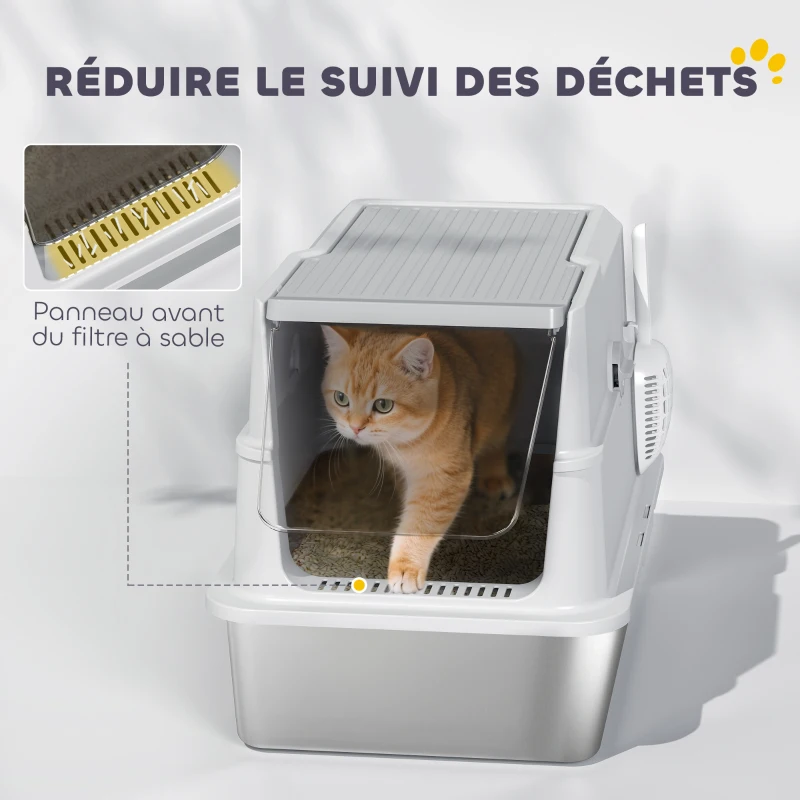 PawHut Bac à litière fermé XL en acier inoxydable, maison de toilette pour grand chat, 60,2 x 40,2 x 43,3 cm, gris clair