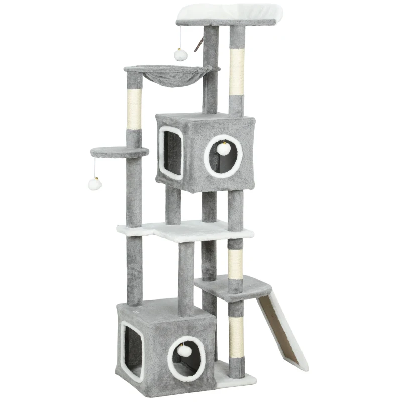 PawHut Arbre à chat tour de jeux pour chats centre d'activités 2 niches plateformes hamac échelle et 4 pompons 165 cm gris
