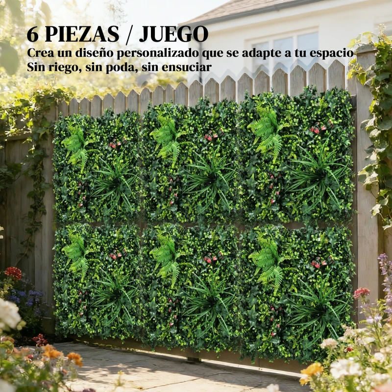 Outsunny Set de 6 Setos Artificiales Ocultación Jardín 50x50 cm Tipo Milán Fácil Montaje Anti-UV para Terraza Balcón Verde