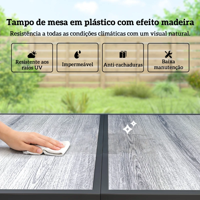 Outsunny Conjunto de Mesa e Cadeiras de Jardim de 7 Peças com Mesa com Efeito Madeira e 6 Cadeiras com Assento Respirável Preto