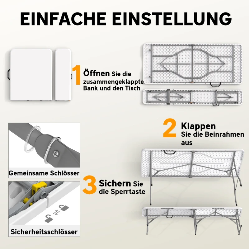 Outsunny 3-teiliges Picknicktisch-Set, 1 Tisch, 2 Bänke, Faltbarer Campingtisch mit Tragegriffen, Kunststoff, Metall, Weiß