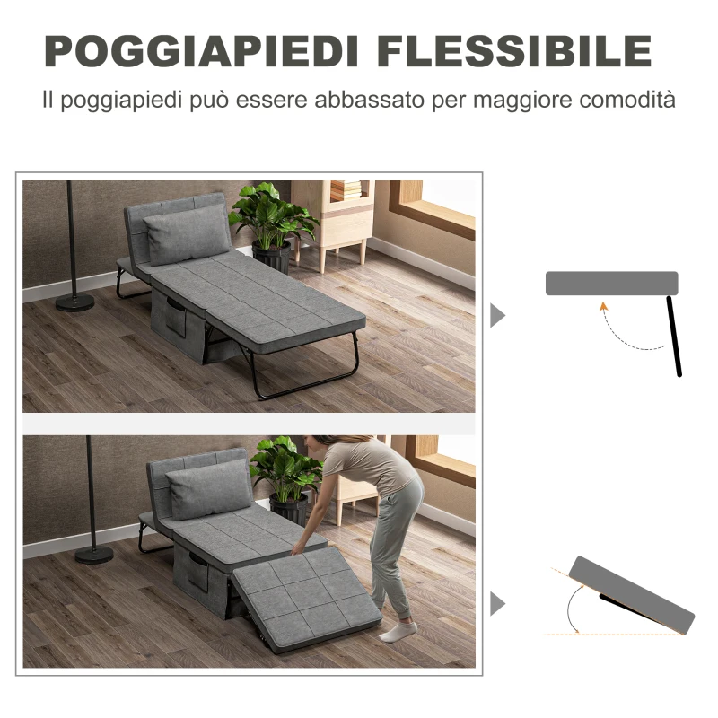 HOMCOM Pouf Letto Pieghevole Multiuso 4 in 1 con Schienale Reclinabile a 5 Livelli, Grigio