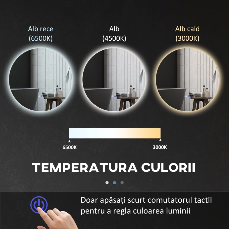 kleankin Oglindă de Baie cu Lumini LED Reglabile, Comutatoare Touch și Design Anti-aburire, Ø60 cm