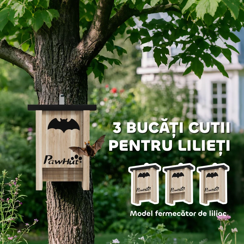 PawHut Set de 3 Căsuțe pentru Lilieci Bat Box din Lemn de Brad, 18x6x22,5 cm, Culoare Naturală
