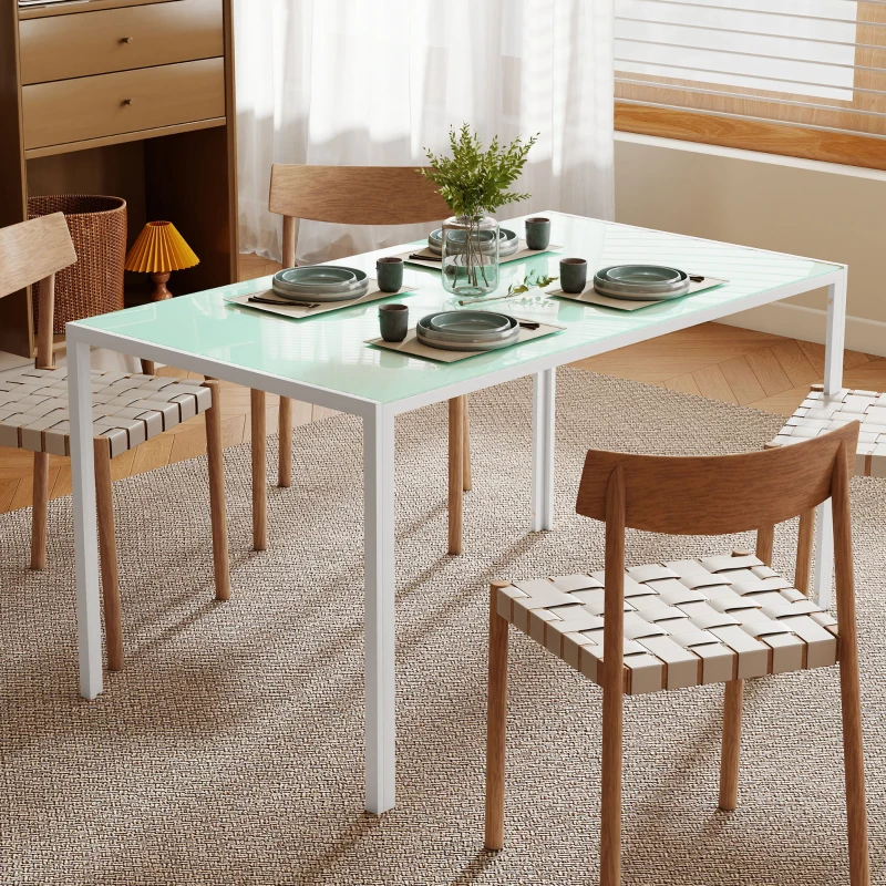 HOMCOM Mesa de Comedor de Cristal Rectangular para 6 Personas con Patas de Metal para Cocina Salón 140x80x75 cm Blanco