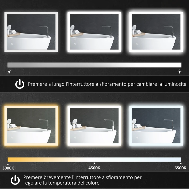 kleankin Specchio Bagno LED Antiappannamento con 3 Colori e Luminosità Regolabile, in Metallo e Vetro, 80x60x3 cm