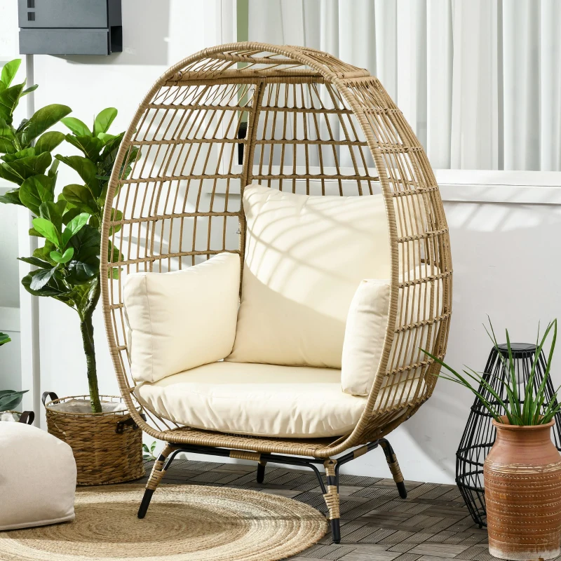 Outsunny Rotan Stoel in Mandvorm Rotan stoel met zitkussen tuinstoel metaal