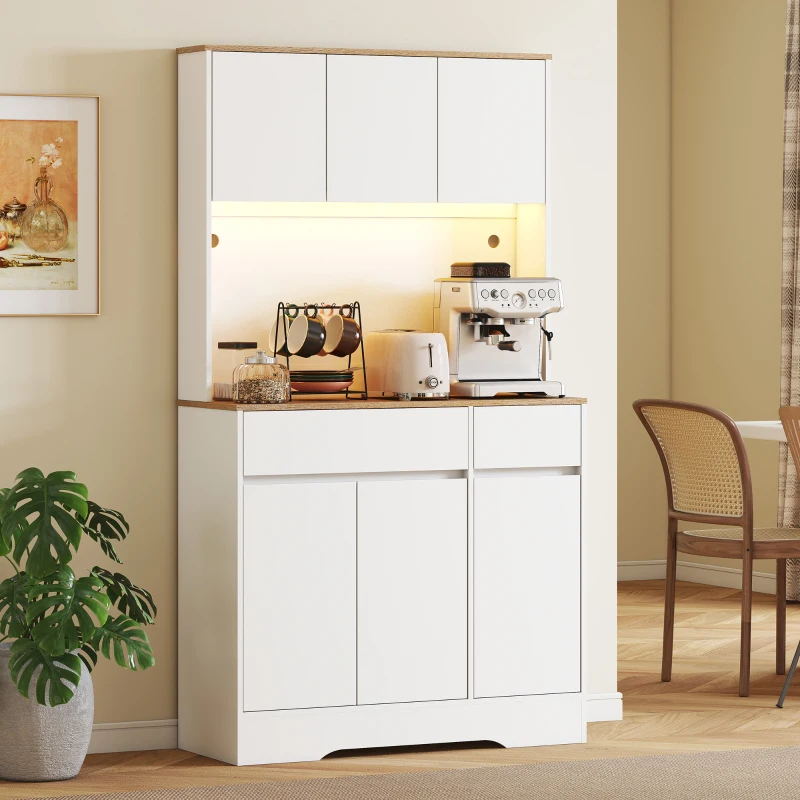 HOMCOM Buffet cuisine meuble cuisine rangement haut avec lumière LED RGB, plan de travail, 6 portes, 2 tiroirs, blanc