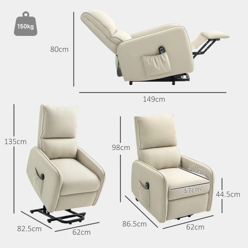 HOMCOM Poltrona Alzapersona Small Elettrica Reclinabile con Telecomando e Tasca Tessuto, 150kg, Beige