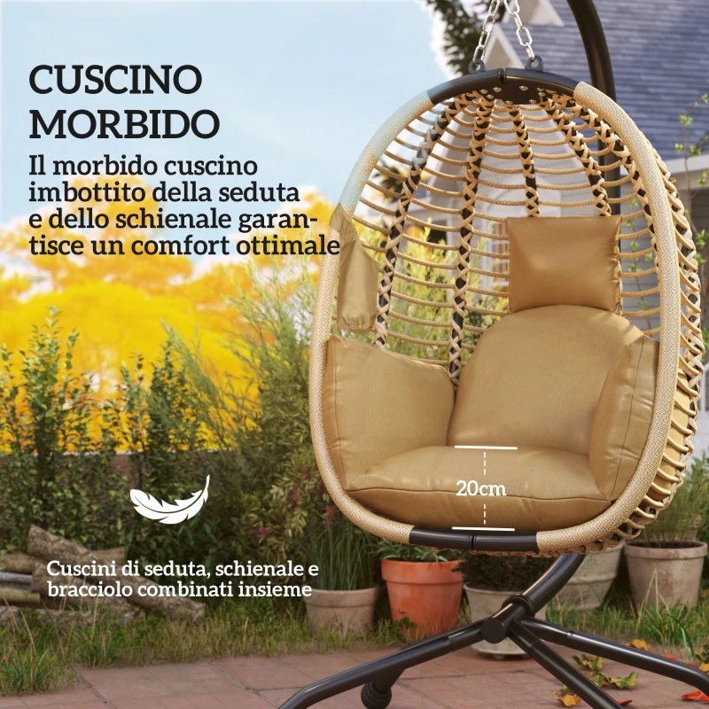 Outsunny Poltrona Sospesa con Cuscino Imbottito, Seduta Pieghevole e Struttura in Acciaio e Corda, Beige