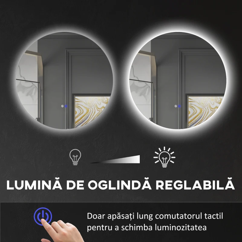 kleankin Oglindă de Baie cu Lumină LED Rotundă 80cm, 3 Culori, 3000-6500K, Oglindă de Perete Iluminată cu Interruptoare Touch, Luminozitate Reglabilă, Funcție Memorie și Anti-Ceață, IP44