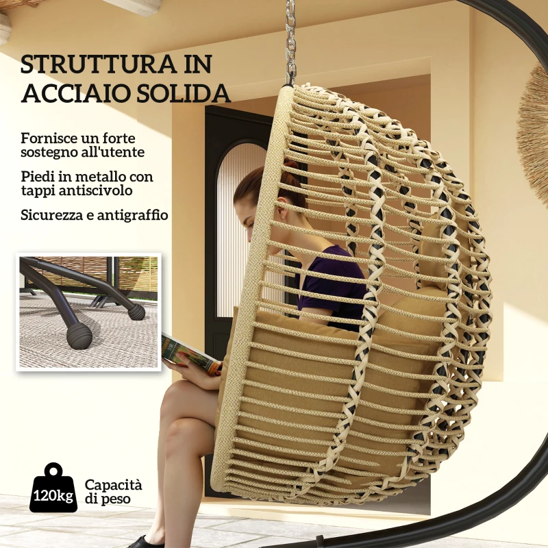 Outsunny Poltrona Sospesa con Cuscino Imbottito, Seduta Pieghevole e Struttura in Acciaio e Corda, Beige