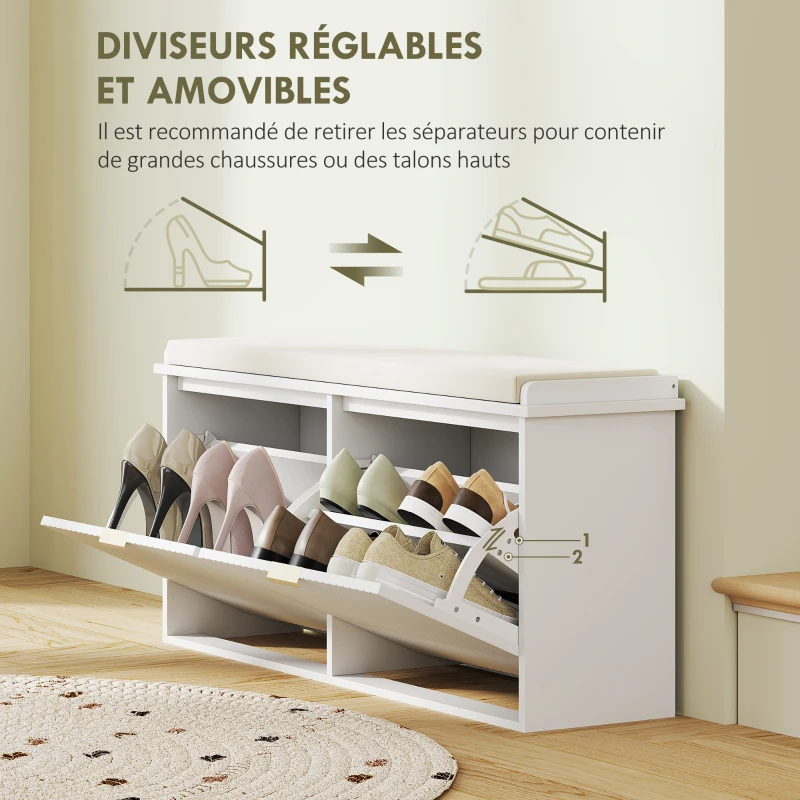 HOMCOM Banc à chaussures avec coussin d'assise rembourré et tiroir rabattable pour couloir, chambre, 104 x 26 x 47,5 cm, blanc