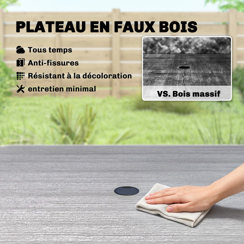 Outsunny Table de jardin rectangulaire pour 4 personnes, table à manger extérieure avec trou de parasol, 85 x 85 x 72,5 cm, gris