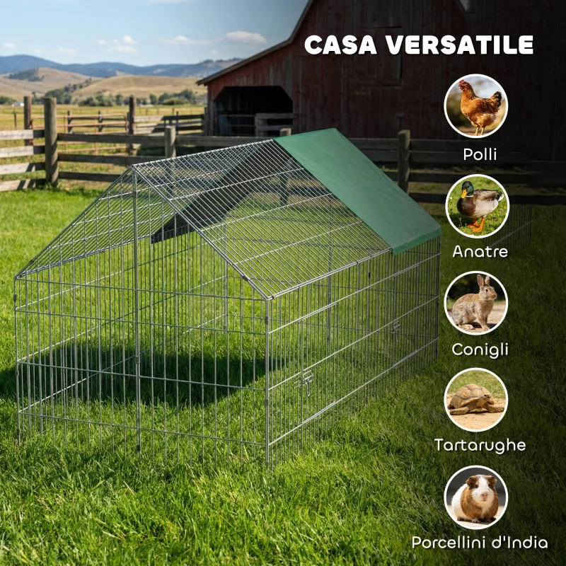 PawHut Gabbia per Conigli e Galline da Esterno e Interno con Protezione Parasole e Griglia Metallica, per Animali Piccoli, Anatre, Galline, 180x75x75 cm, Verde