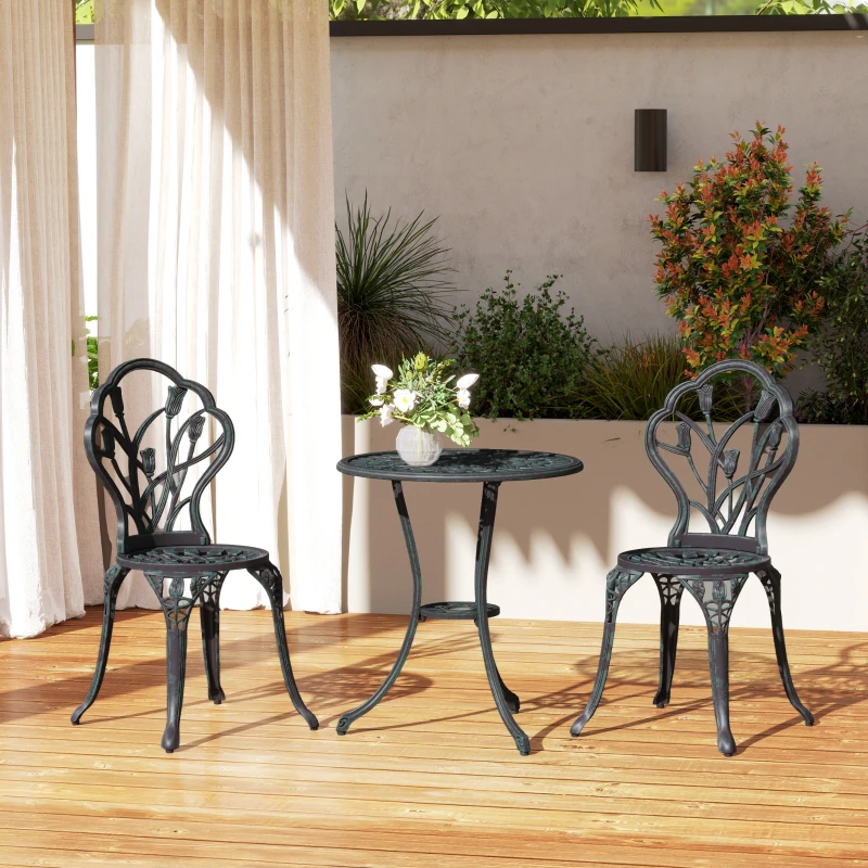 Outsunny Ensemble salon de jardin 2 places 2 chaises + table ronde fonte d'aluminium imitation fer forgé vert
