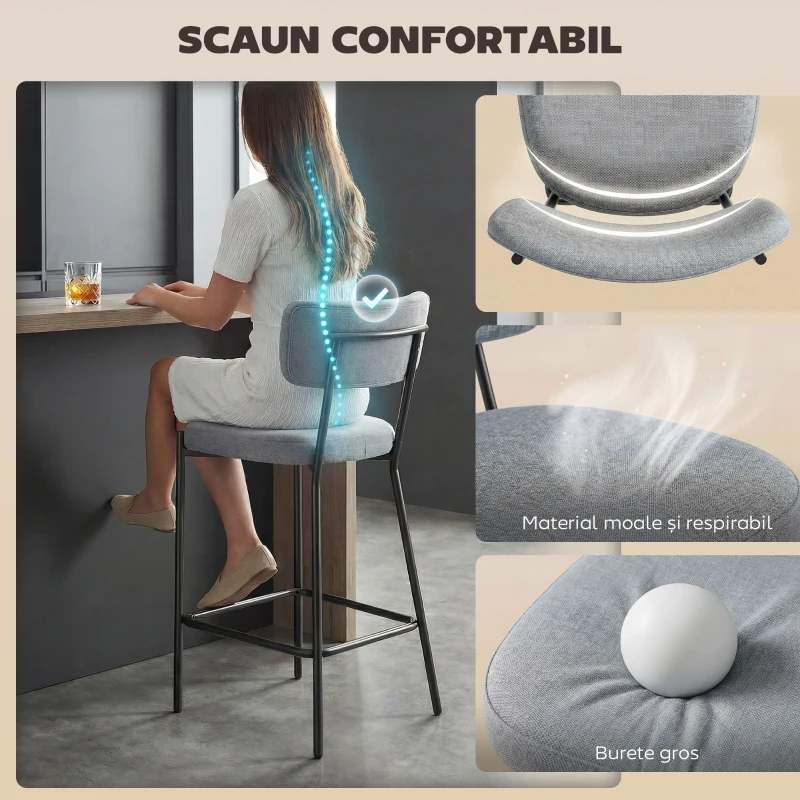 HOMCOM Set de 2 Scaune de Bar cu Spătar și Tapițate, Scaune înalte din material textil cu suport pentru picioare integrat și structură din metal ușor de montat, Scaune pentru bucătărie și living, Gri deschis