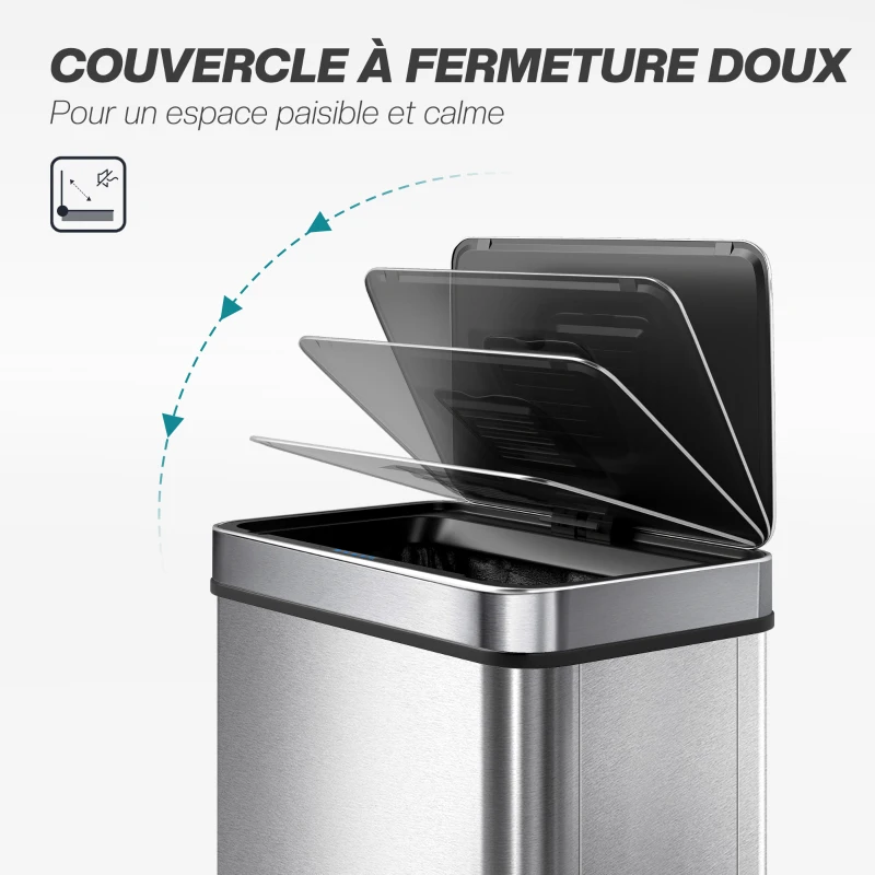 HOMCOM Poubelle à capteur 60 L avec couvercle à fermeture douce, poubelle de cuisine automatique en acier inoxydable, argenté
