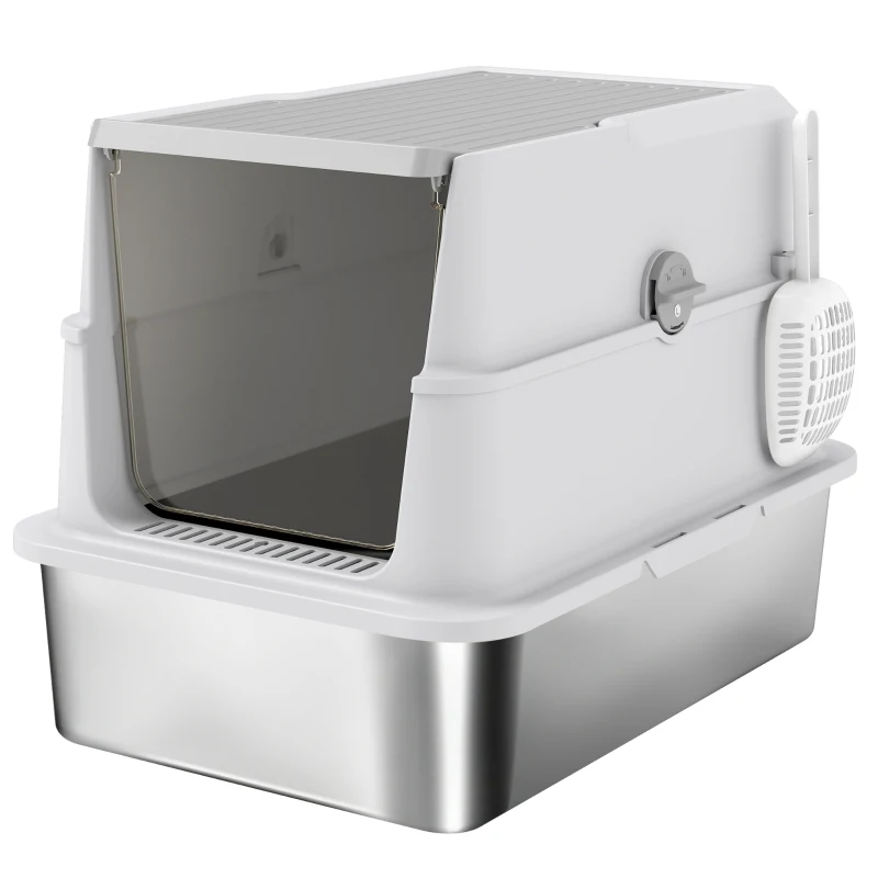 PawHut Bac à litière fermé XL en acier inoxydable, maison de toilette pour grand chat, 60,2 x 40,2 x 43,3 cm, gris clair