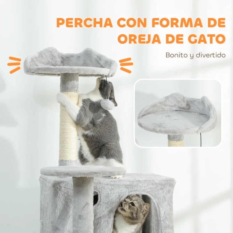 PawHut Árbol Rascador para Gatos 180 cm con Plataformas Cama 2 Cuevas Hamaca Escalera Postes de Sisal Gris Claro