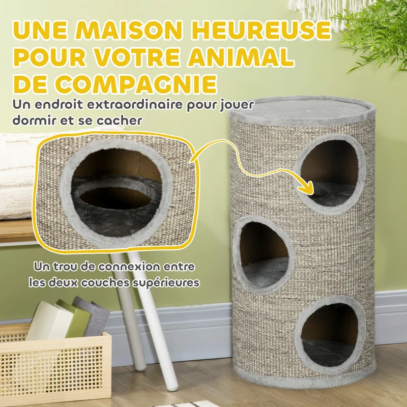 PawHut Tonneau à gratter pour chat, tour à griffer en sisal à 3 niveaux recouvert de peluche, Ø 38 x 70 cm, gris